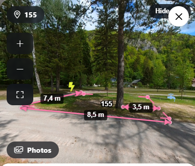 360° pitch panorama with measurements (7.4 m, 8.5 m, 3.5 m) drawn directly on the image